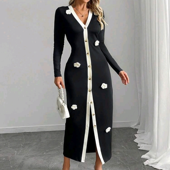 Color Block 3D Floral Patchwork V Neck Fitted Long Sleeve Dress - Picture 3 of 4